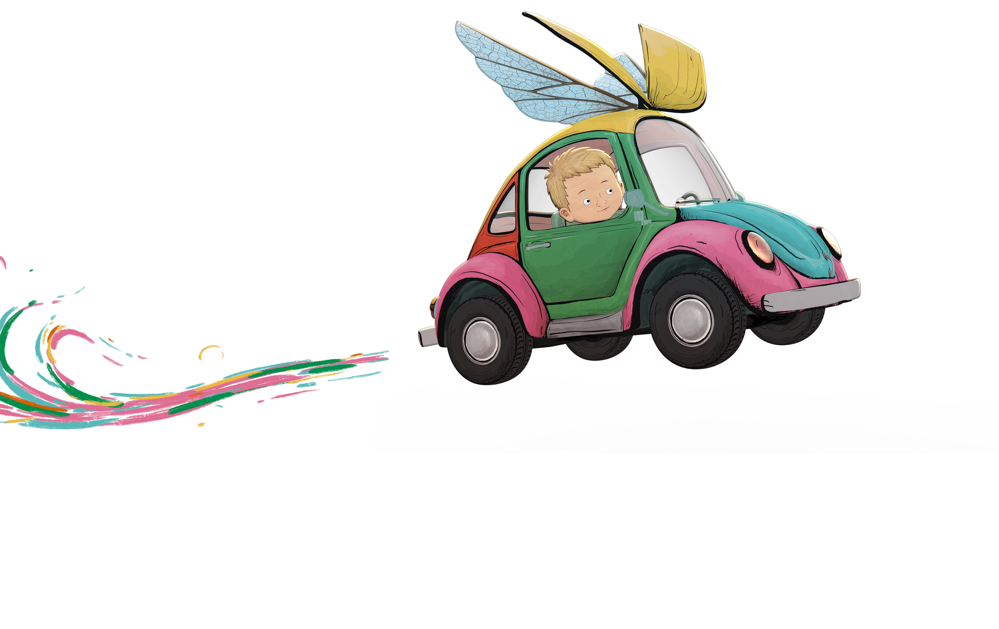 Beetle car flying with kid