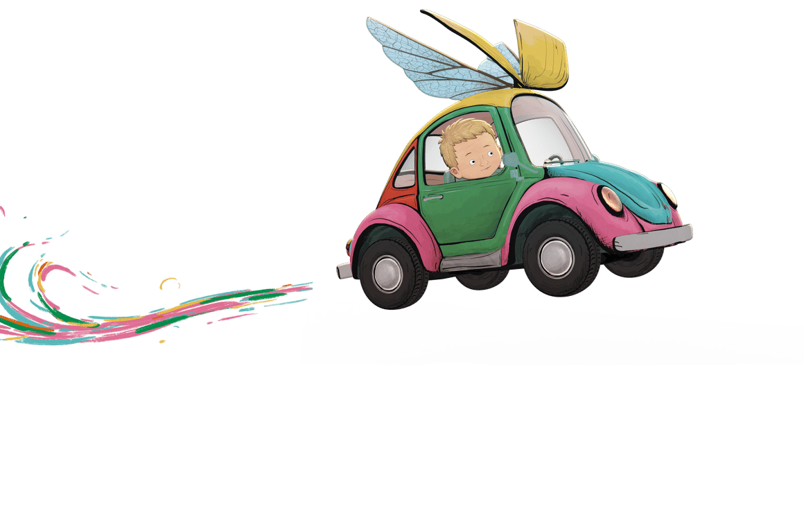 Beetle car flying with kid